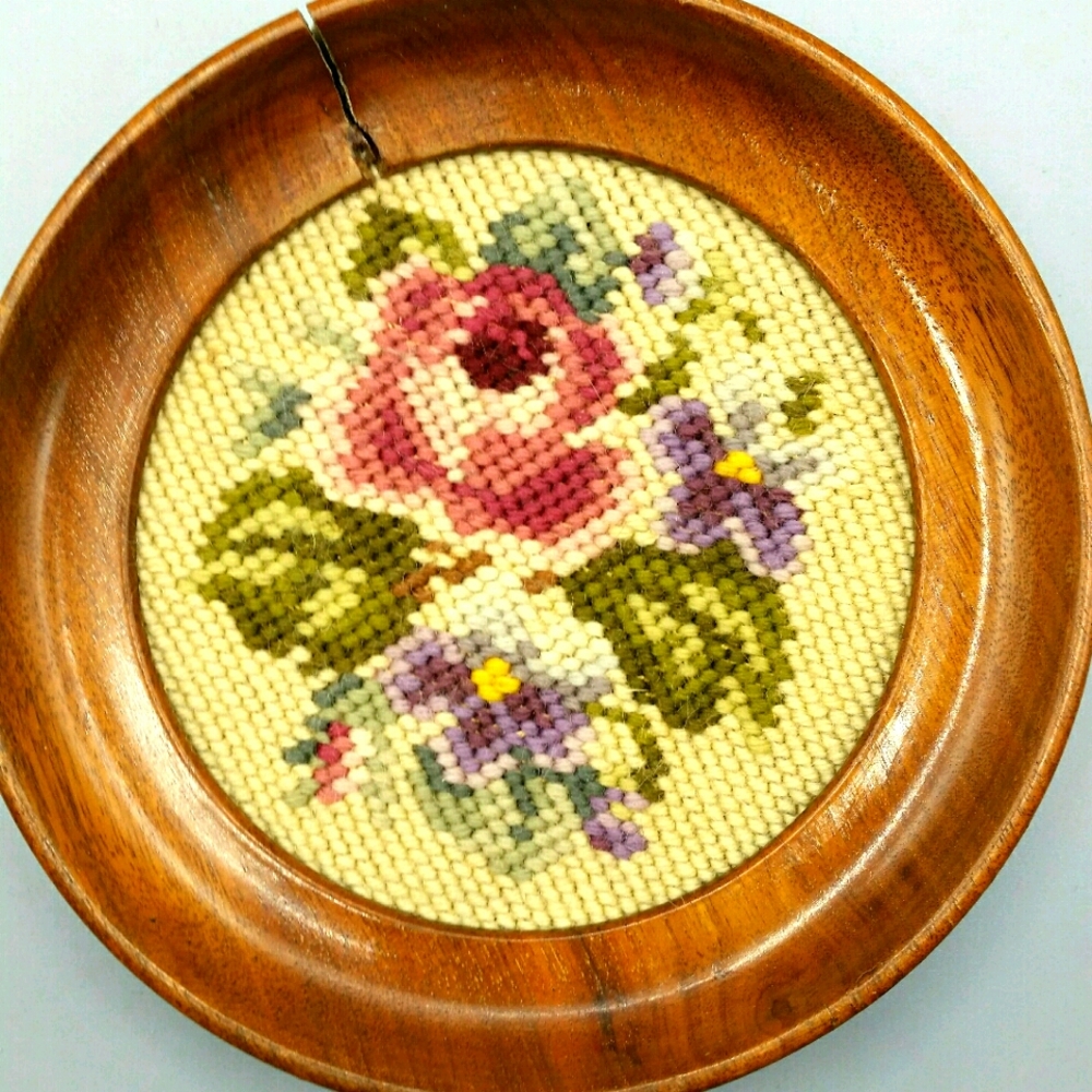 Vintage Embroidery Framed Round Floral, Pansies